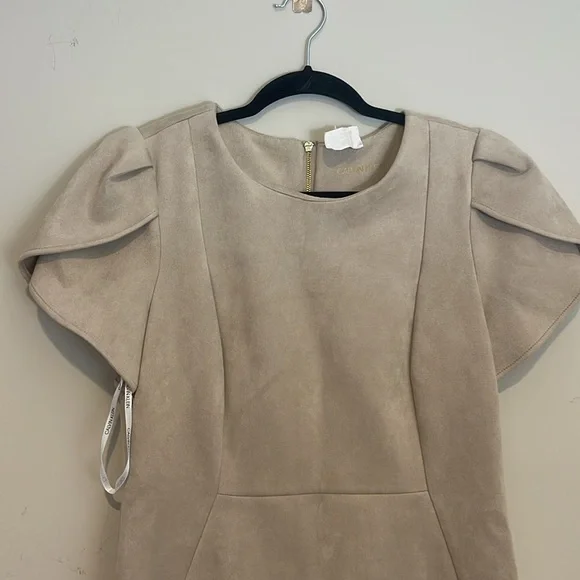 Calvin Klein Beige faux suede Midi Dress with Puff Sleeves - Picture 3 of 5
